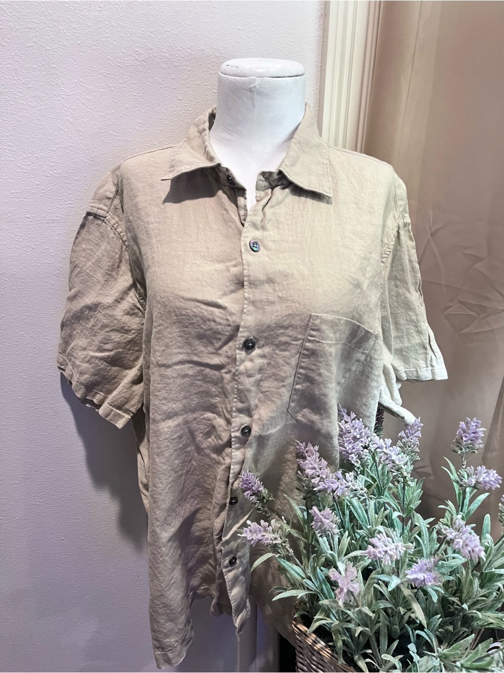 Beige 100% Linen Button Down Short Sleeve Shirt Sz Large
